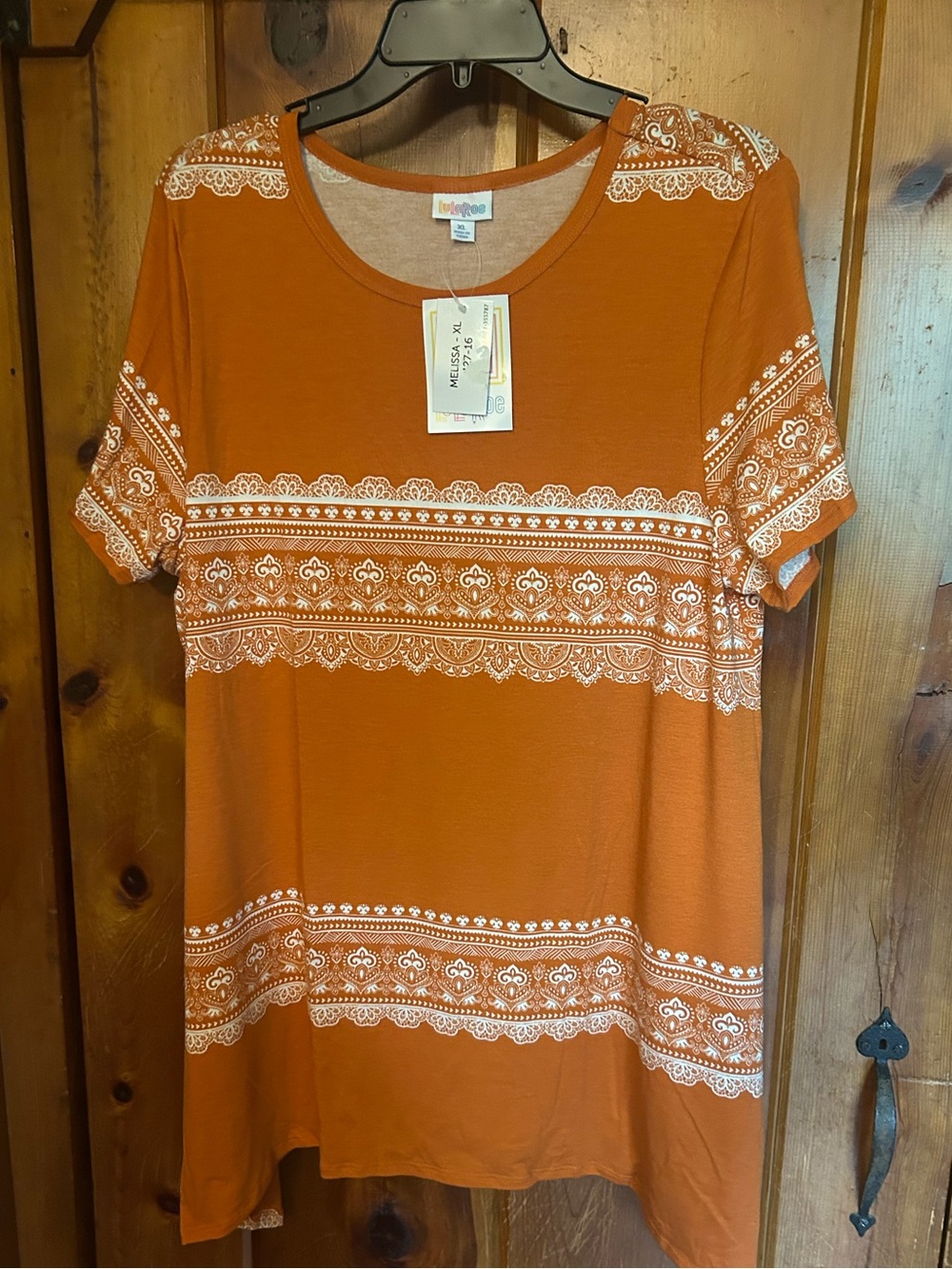 LuLaRoe Orange Short Sleeve Tee with White Boho Print Melissa- L